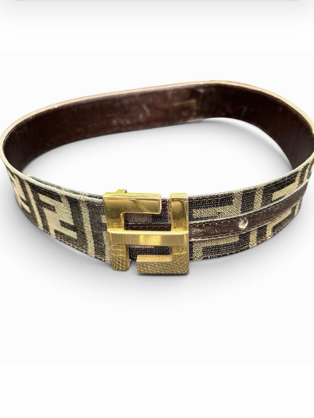 Fendi Zucca Vintage Canvas Belt Gold FF Buckle Brown Leather Trim Italy